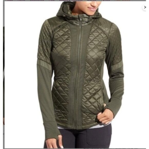 Athleta Womens  Rock Springs Jacket Olive Green Quilted Hooded Reflective size X - Picture 1 of 11
